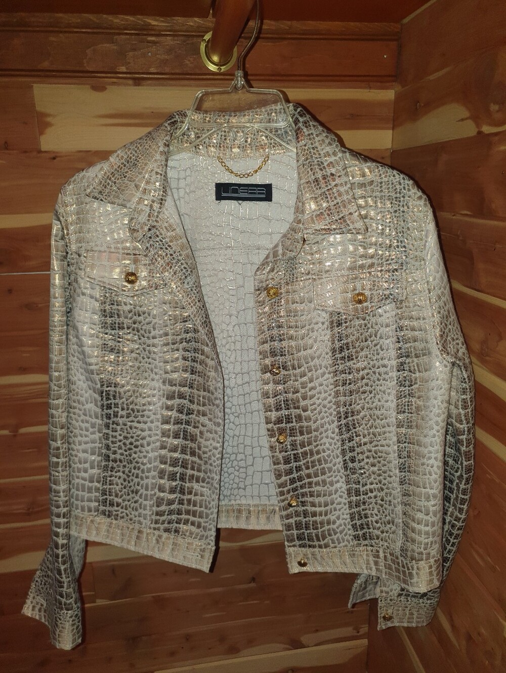 Linear Croc-Pattern Metallic Gold And White Jacket